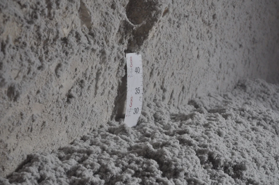 Surface de papier blanc cassé avec texture granuleuse et fibres visibles, parsemée de petites particularités brunes et grises